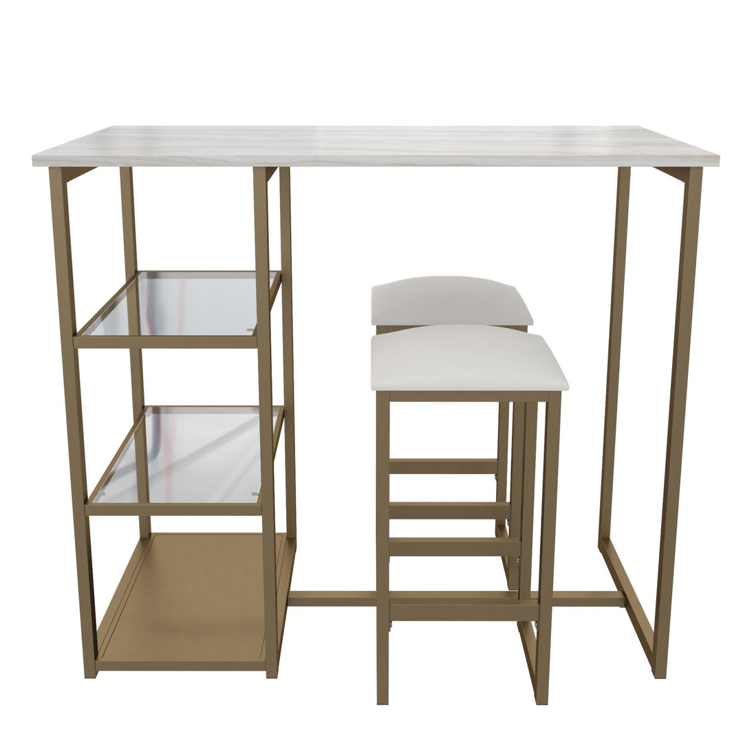 Tanner 3 Piece Brass Pub Set with 2 Stools, a Faux Marble Top and 3 Storage Shelves  -  White