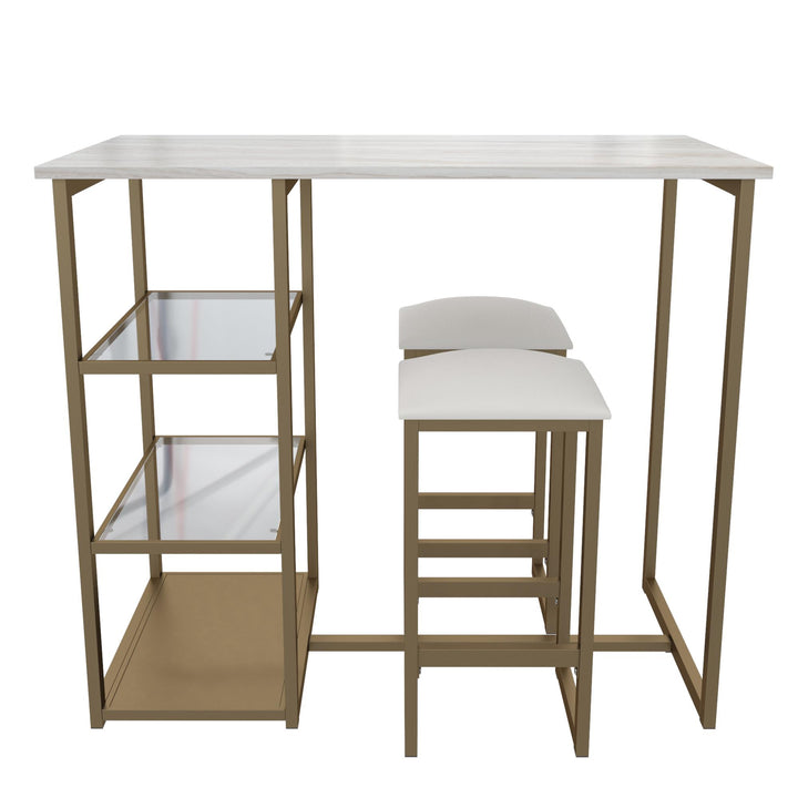 Tanner 3 Piece Brass Pub Set with 2 Stools, a Faux Marble Top and 3 Storage Shelves  -  White
