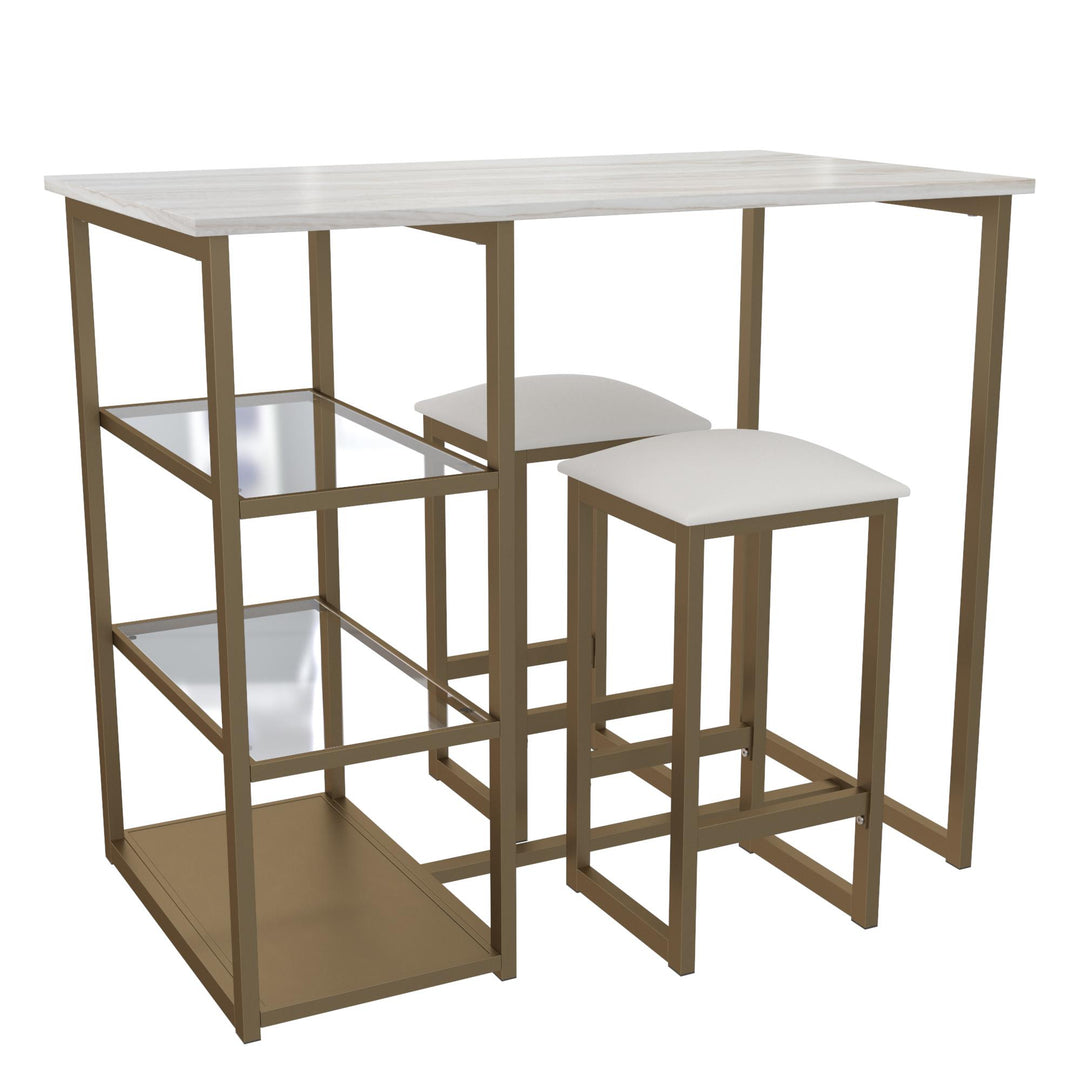 Brass Pub Set with 2 Stools and Faux Marble Top -  White