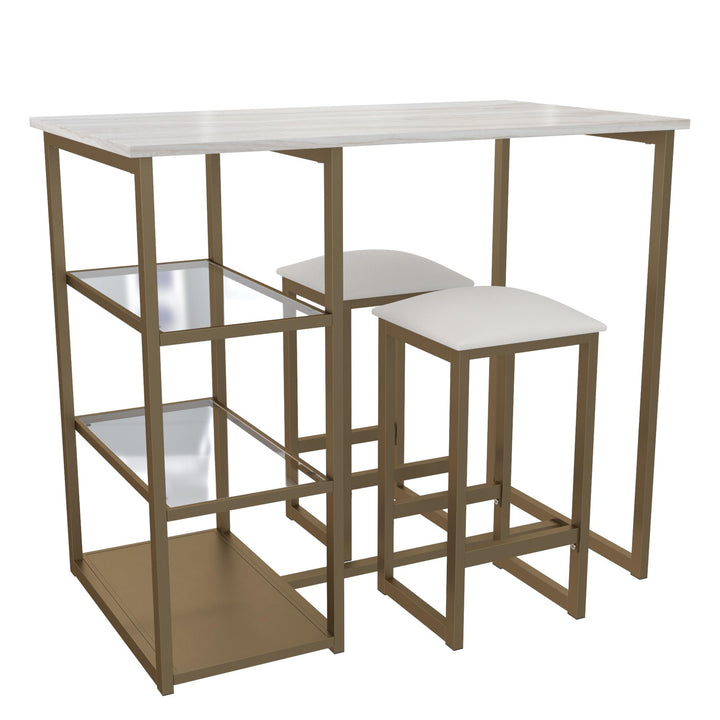 Brass Pub Set with 2 Stools and Faux Marble Top -  White