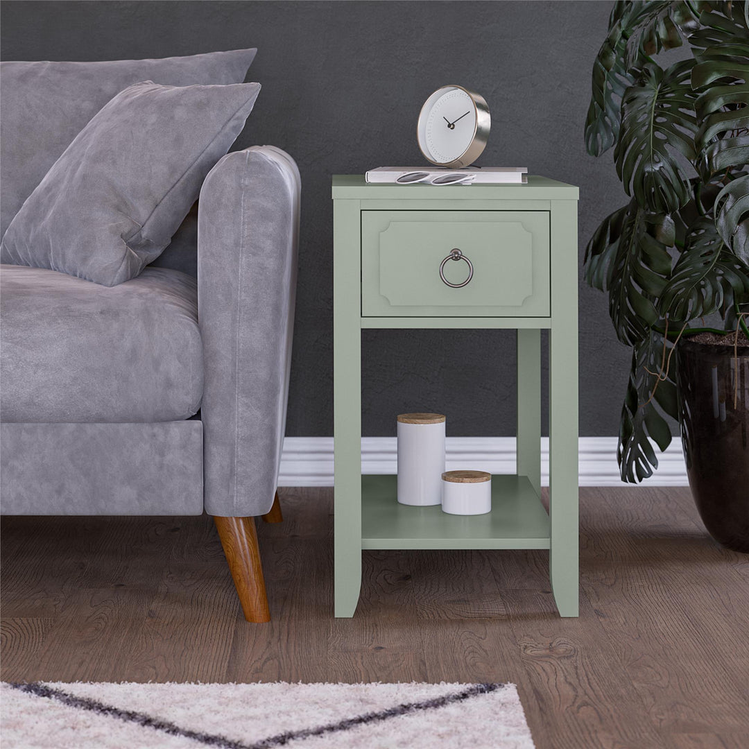 Narrow Side Table with Drawer and Shelf -  Pale Green