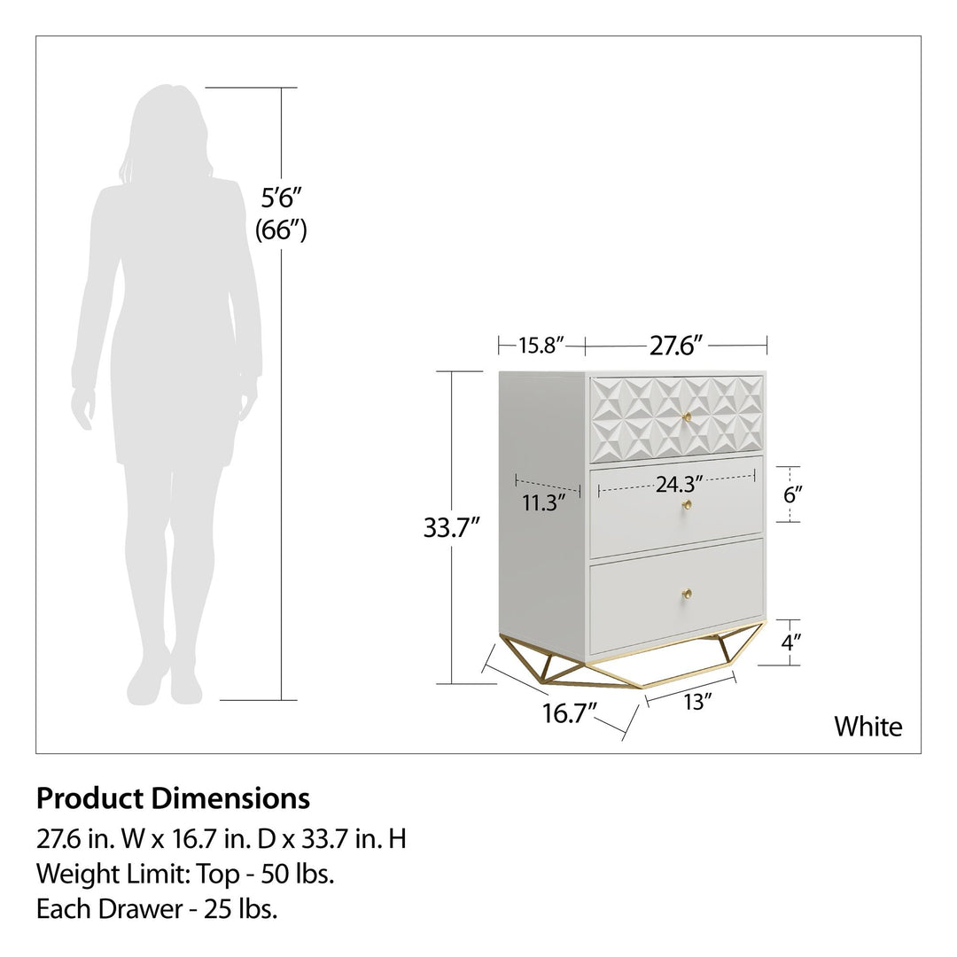 Blair 3 Drawer Dresser with Gold Geometirc Base - White
