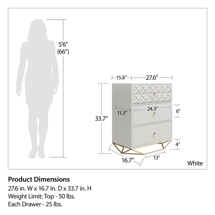 Blair 3 Drawer Dresser with Gold Geometirc Base - White