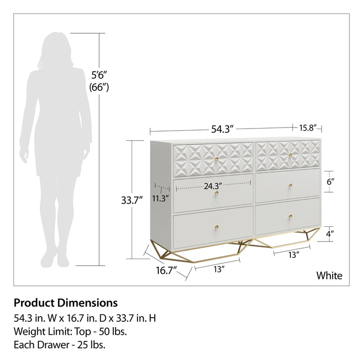 6 Drawer Dresser with Modern Design -  White