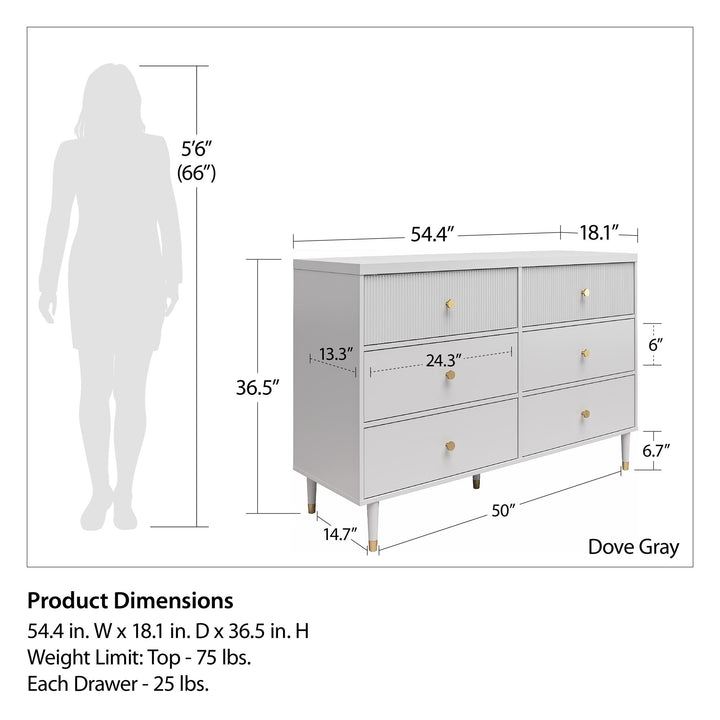 6 Drawer Dresser with Modern Design -  Dove Gray