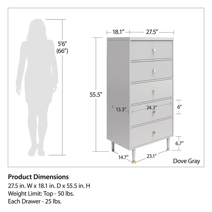 Modern 5 Drawer Dresser -  Dove Gray
