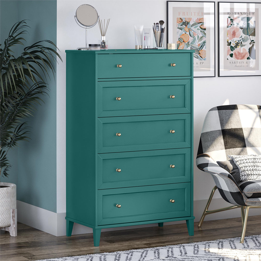 Wooden Tall 5 Drawer Dresser -  Emerald Green