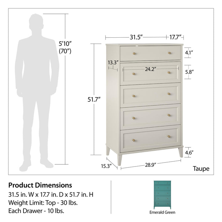 Functional Tall 5 Drawer Dresser -  Emerald Green