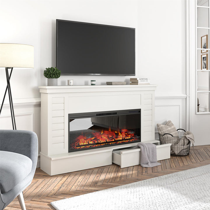 electric fireplace with mantel and storage - White