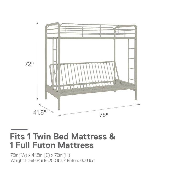 Stylish Sammie Twin over Futon Metal Bunk Bed -  White  - Twin-Over-Futon