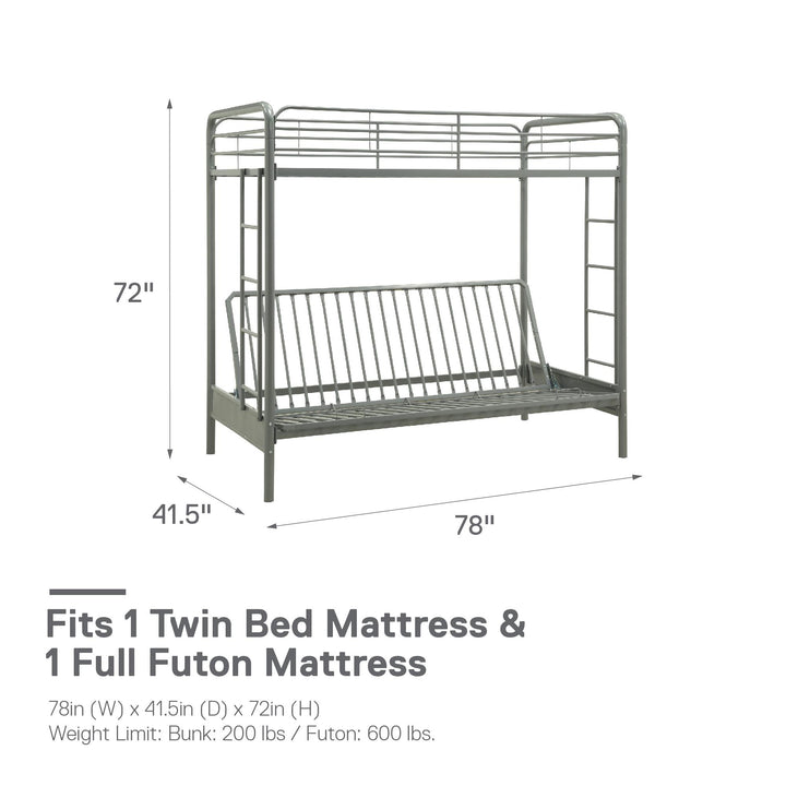 Best Metal Bunk Bed with Futon and Ladders -  Silver  - Twin-Over-Futon