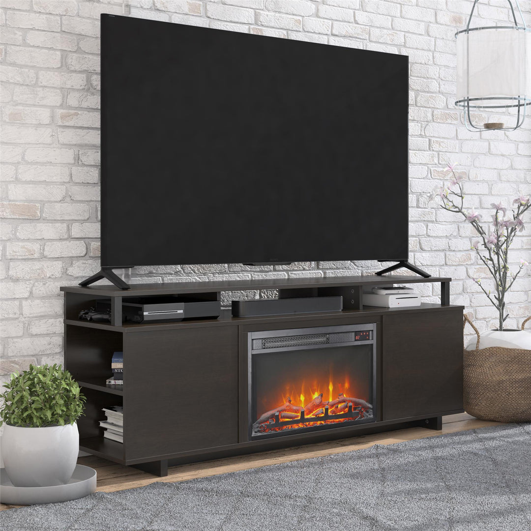 Fireplace TV Stand with 4 Open Shelves -  Espresso