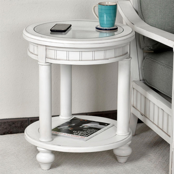 glass top Round End Table - White
