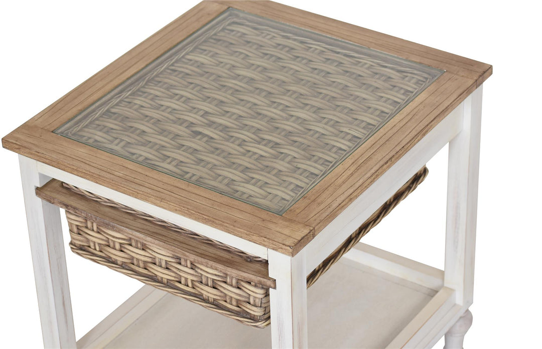 glass top End Table with basket - White