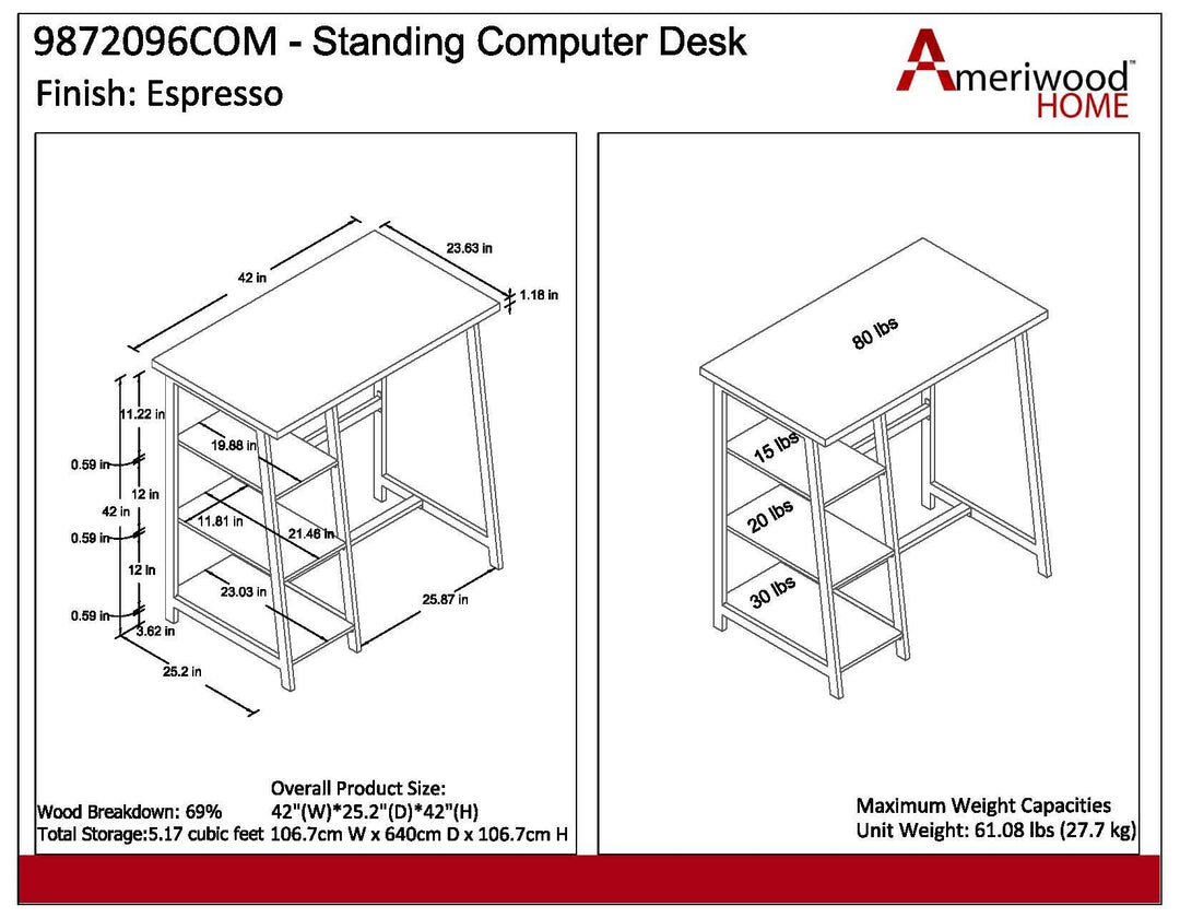 Coleton Standing Computer Desk with Side Shelves - Espresso