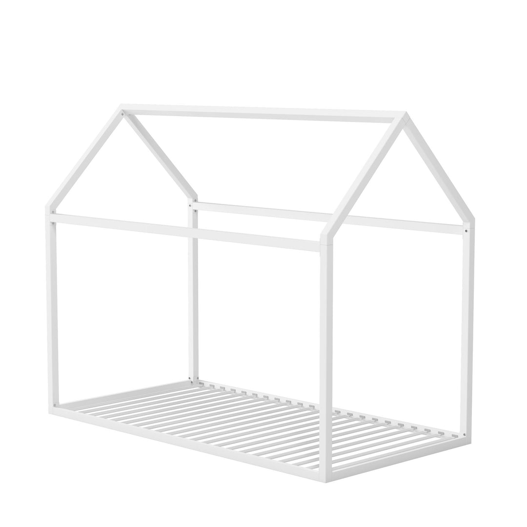 Sturdy Metal House Bed with Floor and Slats -  White  -  Twin
