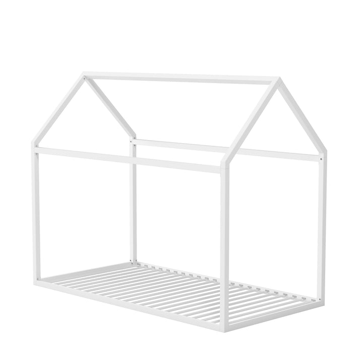 Sturdy Metal House Bed with Floor and Slats -  White  -  Twin