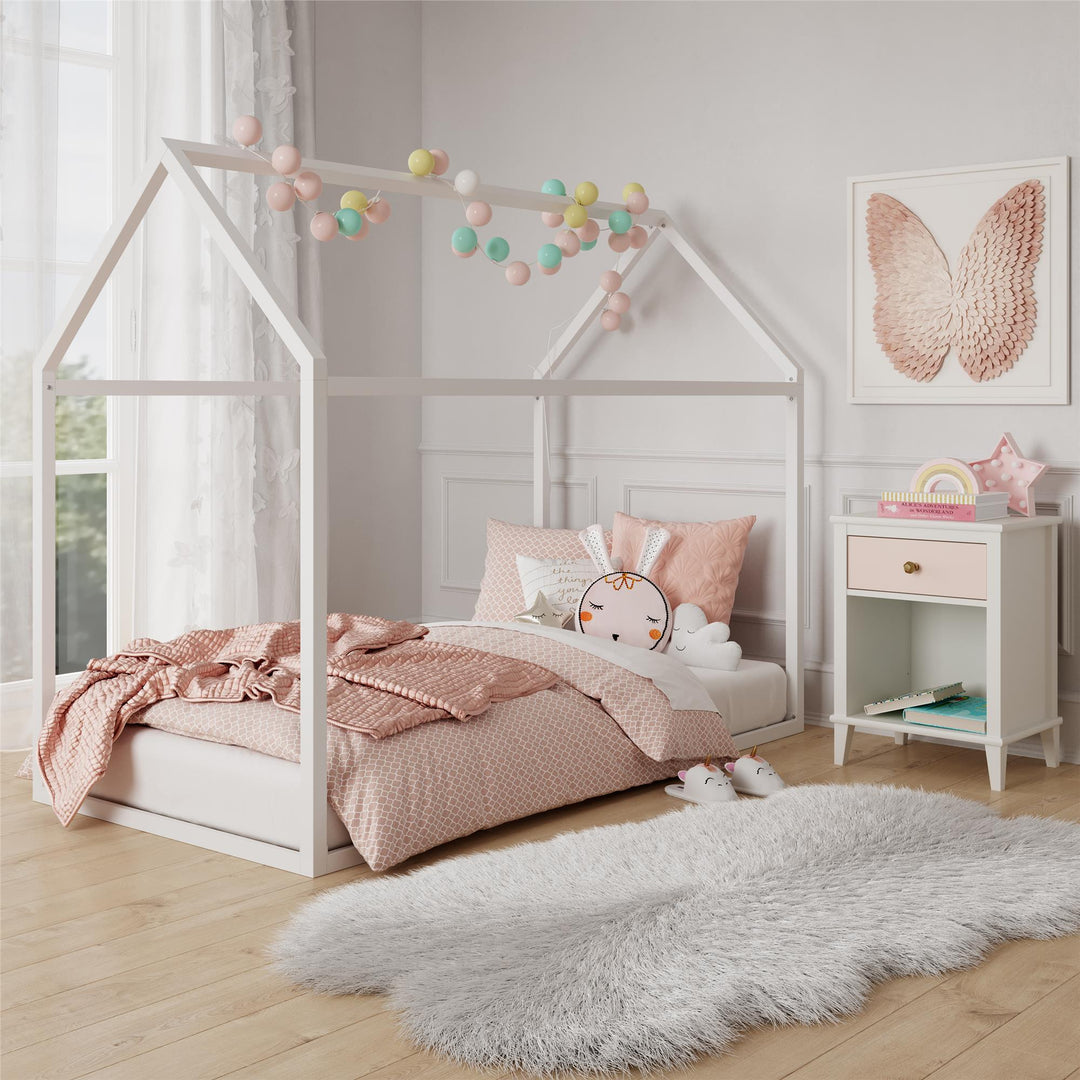 Sturdy Floor Metal House Bed with Slats -  White  -  Twin