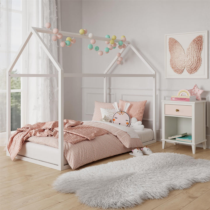 Sturdy Floor Metal House Bed with Slats -  White  -  Twin