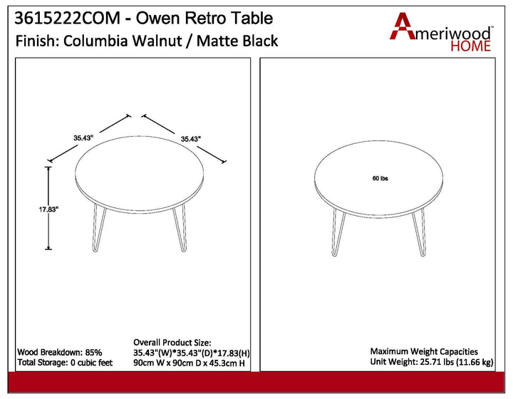 Large round coffee table with retro hairpin legs -  Florence Walnut