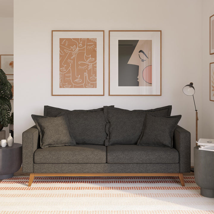 Miriam Pillowback Wood Stretcher Sofa, Includes 2 Matching Pillows - Gray
