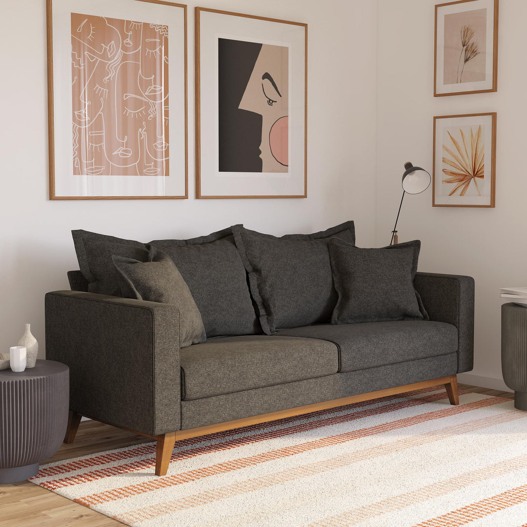 Miriam Pillowback Wood Stretcher Sofa, Includes 2 Matching Pillows - Gray