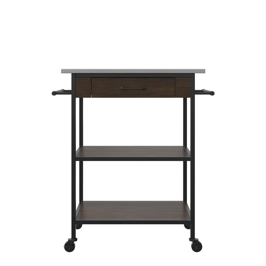 Kane Kitchen Cart with 1 Drawer, 2 Shelves, 2 Towel Bars  -  Brown