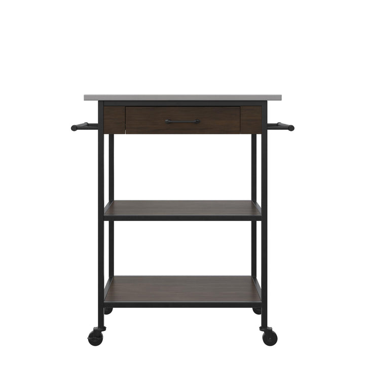 Kane Kitchen Cart with 1 Drawer, 2 Shelves, 2 Towel Bars  -  Brown
