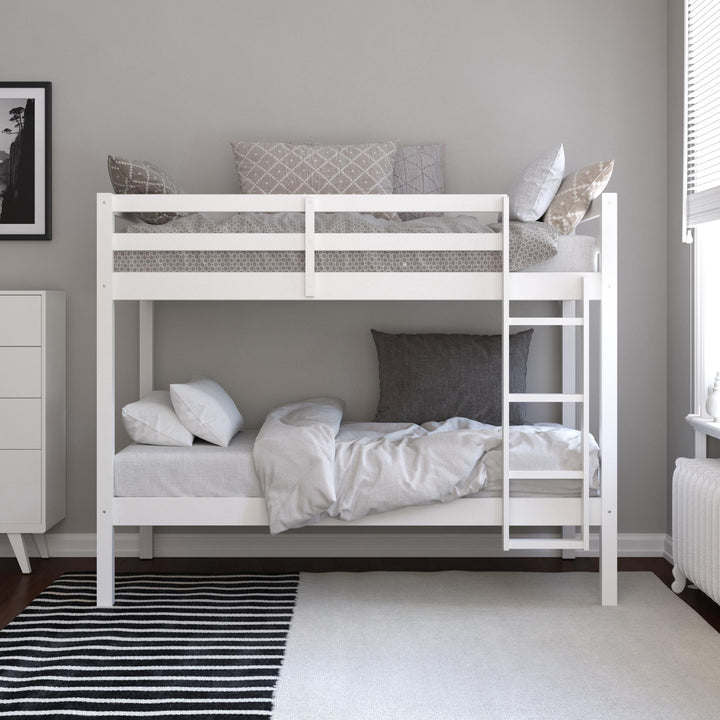 Indiana Twin over Twin Bunk Bed with Solid Wood and Built-In Stepladder -  White - Twin-Over-Twin