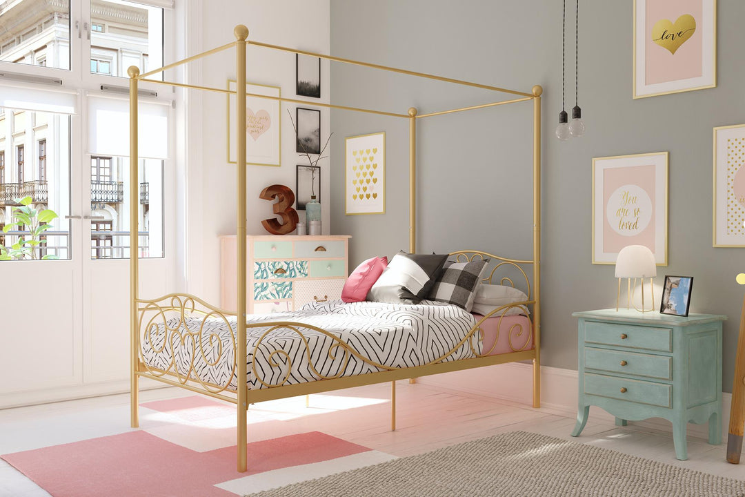 Stylish Canopy Metal Bed Frame -  Gold  -  Twin