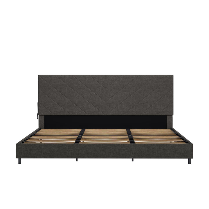 Paxson Upholstered Bed with USB Port and Wood Slats - Gray - King
