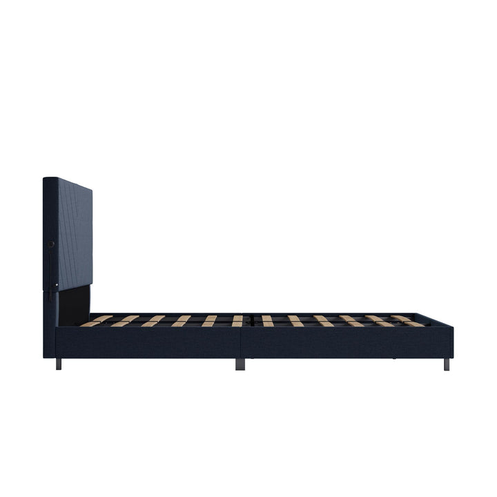 Paxson Upholstered Bed with USB Port and Wood Slats - Navy - Queen