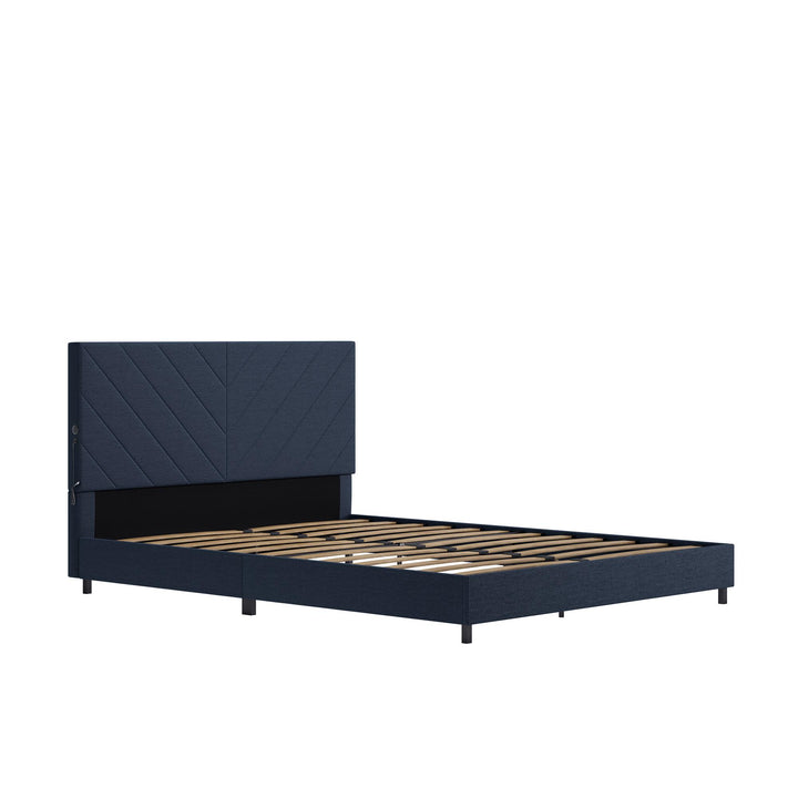 Paxson Upholstered Bed with USB Port and Wood Slats - Navy - Queen