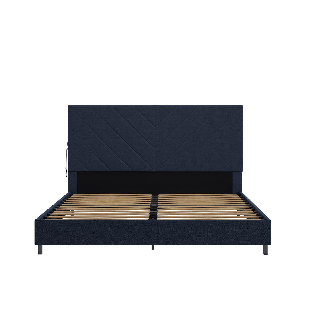 Paxson Upholstered Bed with USB Port and Wood Slats - Navy - Queen