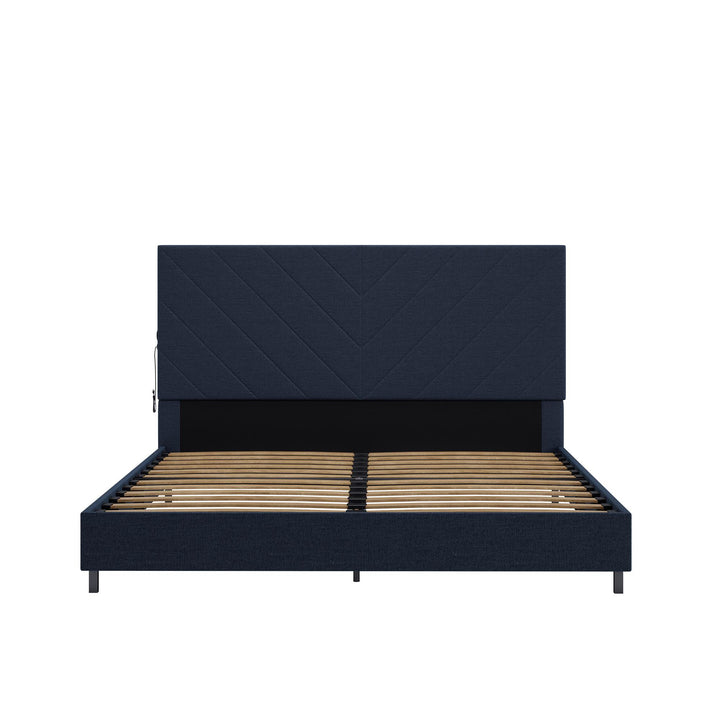 Paxson Upholstered Bed with USB Port and Wood Slats - Navy - Queen
