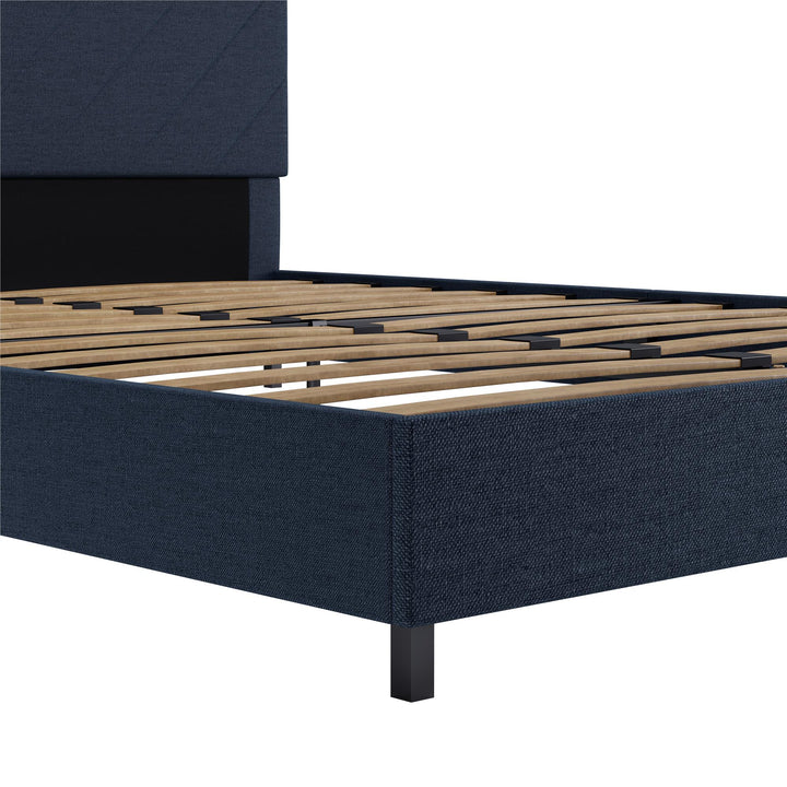 Paxson Upholstered Bed with USB Port and Wood Slats - Navy - Queen