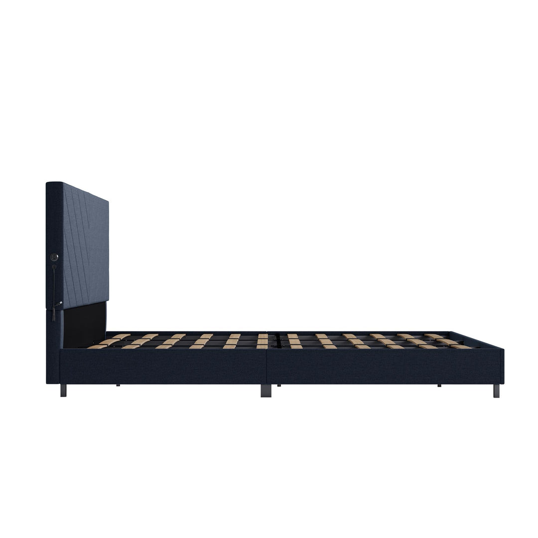 Paxson Upholstered Bed with USB Port and Wood Slats - Navy - King