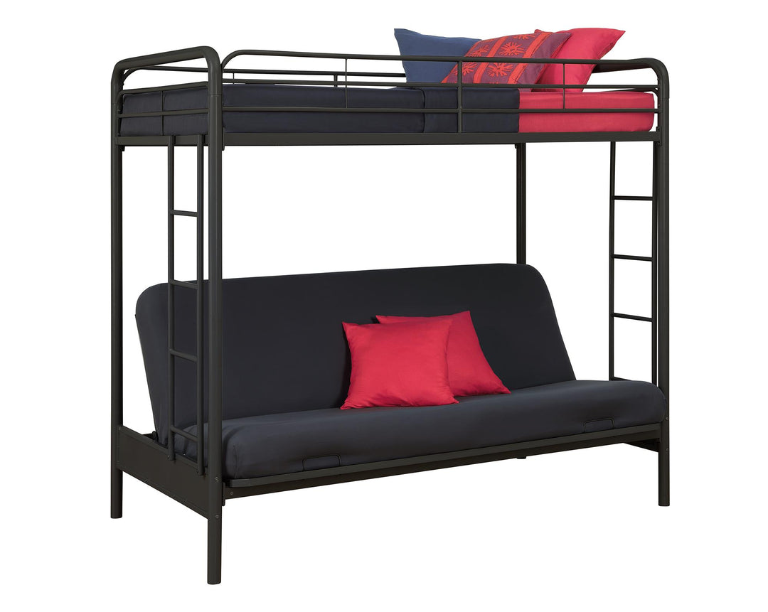 Twin over Futon Bunk Bed with Guardrails -  Black  - Twin-Over-Futon