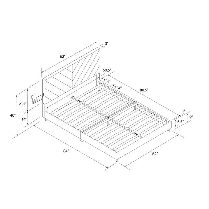 Paxson Upholstered Bed with USB Port and Wood Slats - Gray - Queen