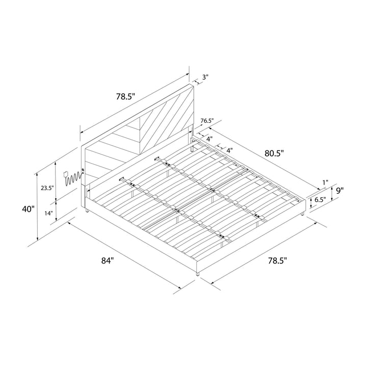 Paxson Upholstered Bed with USB Port and Wood Slats - Gray - King
