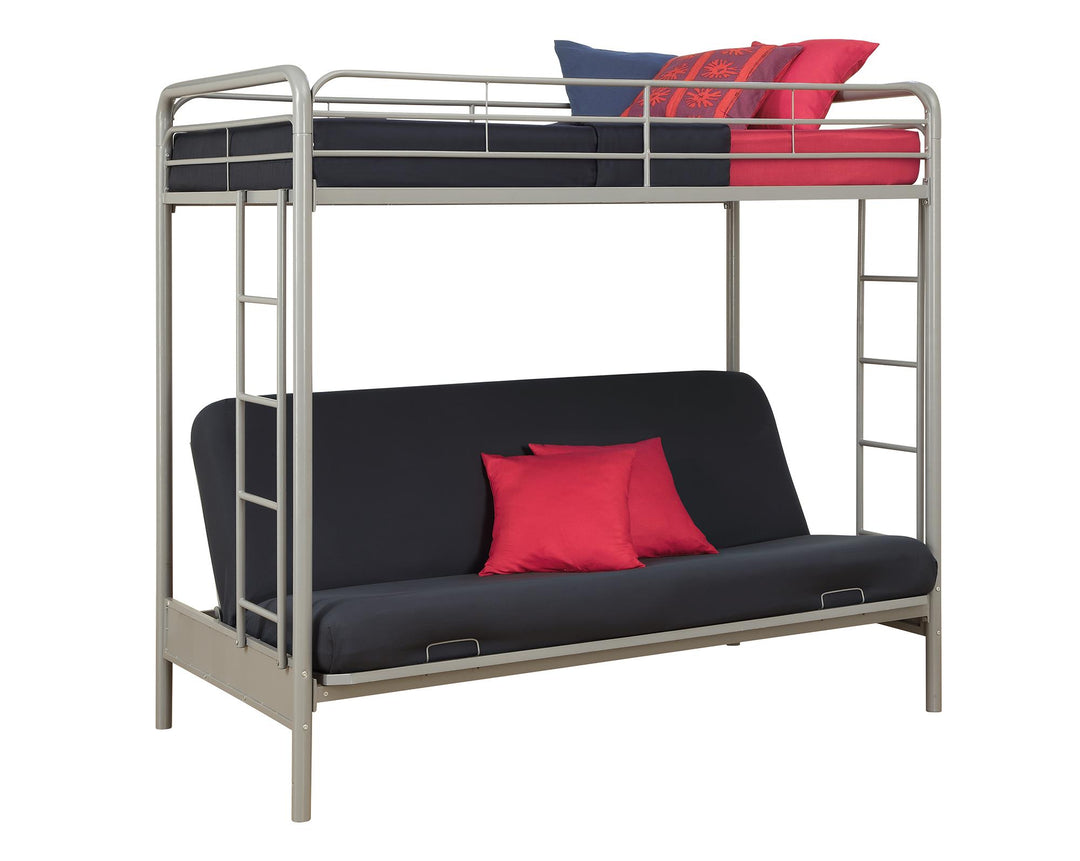 Metal Bunk Bed with Futon and Integrated Ladders -  Silver  - Twin-Over-Futon