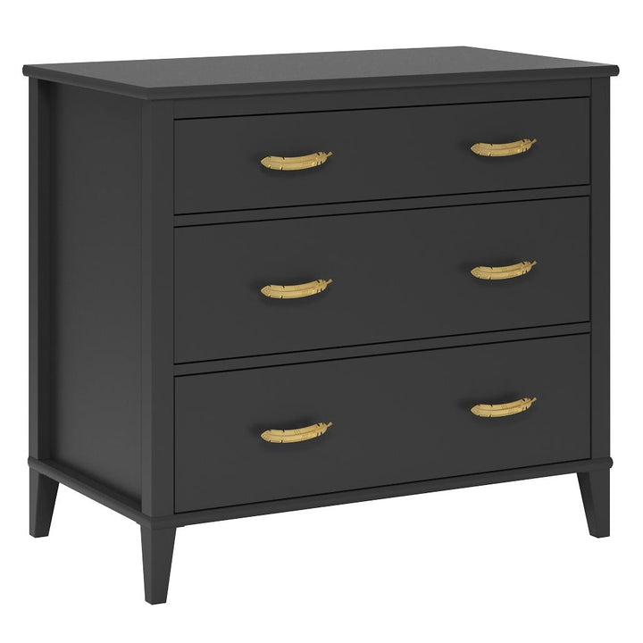 Durable 3 drawer dresser with gold feather pulls -  Black