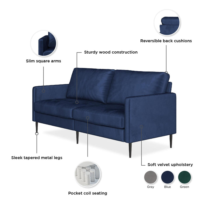 Ellie 3-Seater Velvet Sofa with Reversible Back Cushions - Blue