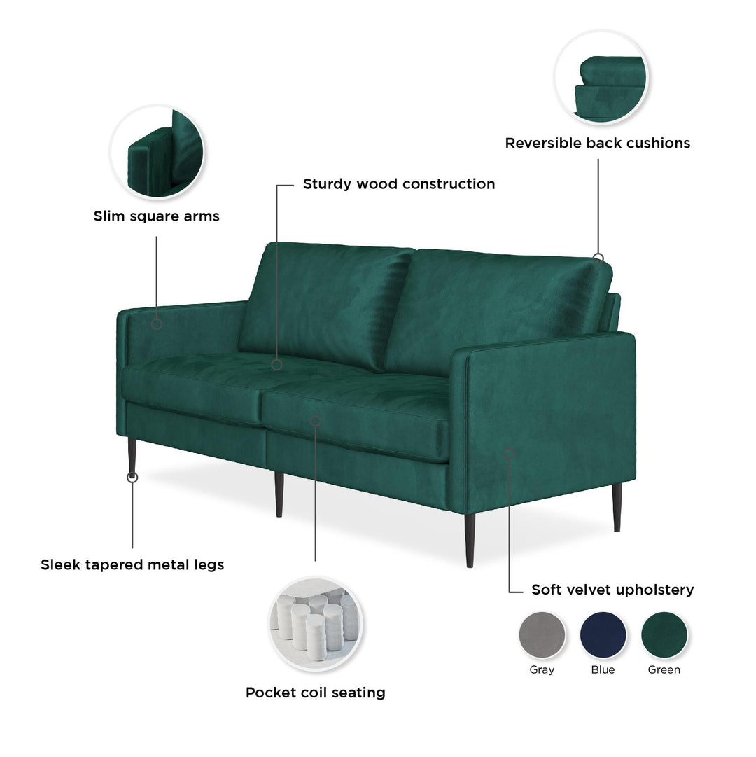 Ellie 3-Seater Velvet Sofa with Reversible Back Cushions - Green