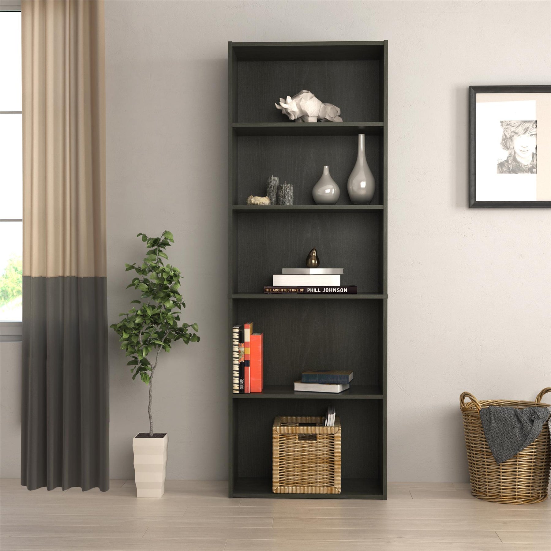 Tally 5 Shelf Woodgrain Bookcase Contemporary Storage Solutions