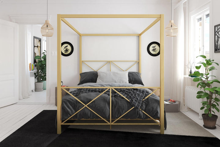 Rosedale Metal Four-Poster Canopy Bed with Crisscross Headboard and Footboard - Gold - Full