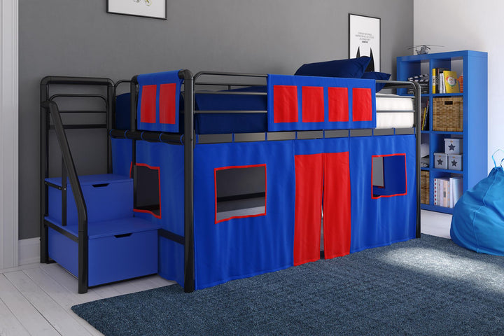 Junior Loft Bed Curtain Set with Windows and Storage Pockets - Blue