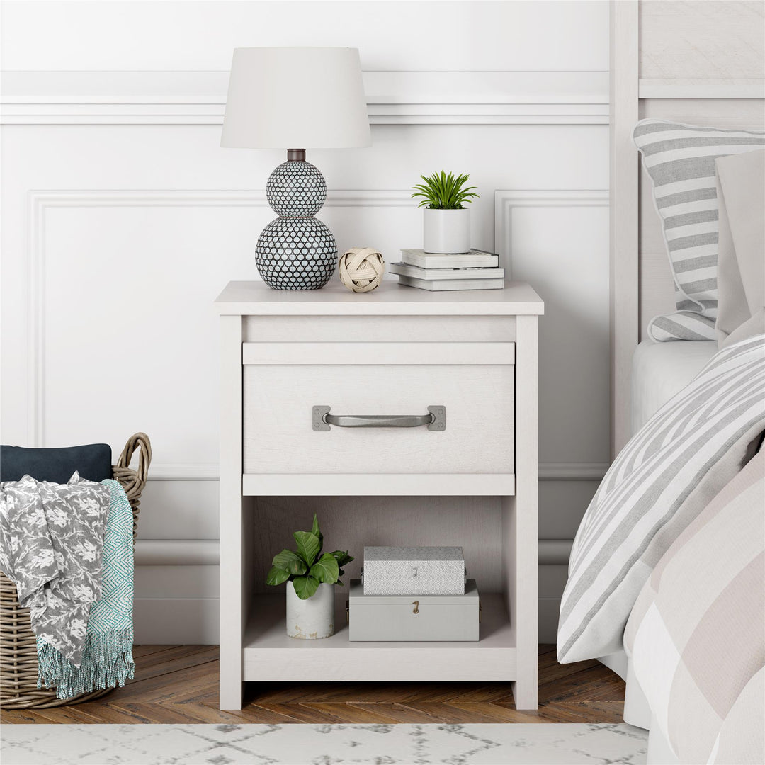 Modern 1 Drawer Nightstand with Pewter Handles -  Ivory Oak
