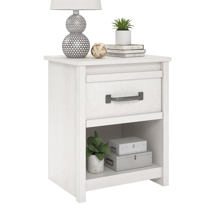 Stylish 1 Drawer Nightstand with Pewter Handles -  Ivory Oak