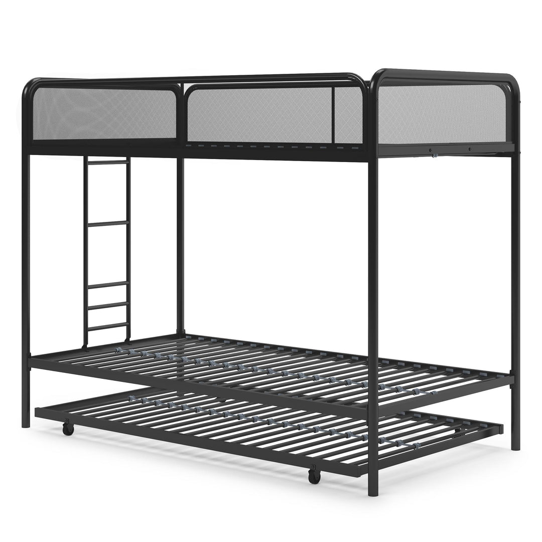 Triple Metal Twin over Twin Bunk Bed with Trundle and Integrated Ladder - Black - Twin-Over-Twin